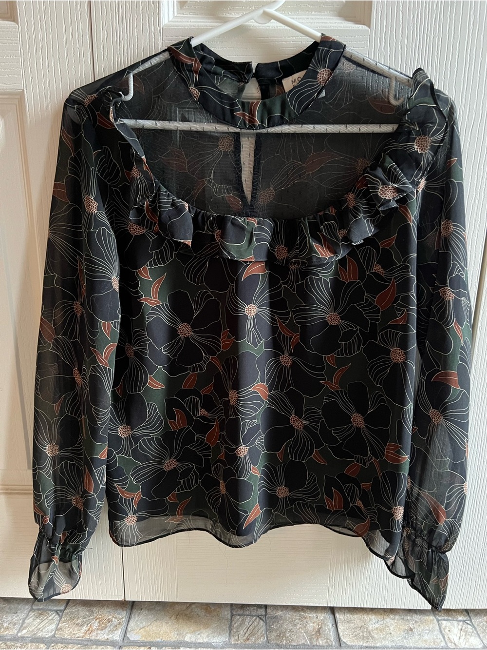 Molly Bracken Black Sheer Floral Ruffle Blouse with Rust Accents